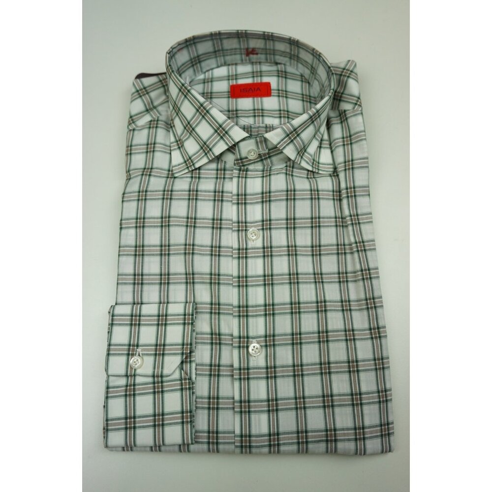 Isaia White Cinnamon Forest Plaid Long Sleeve Cotton Dress Shirt 15.5/39 NEW